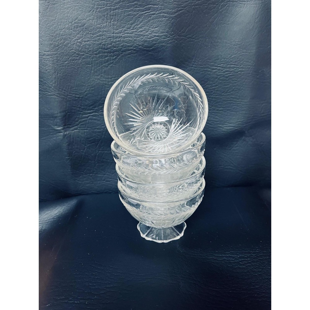 Jeannette Glass 30s Sherbert Bowls Sunburst Herringbone Footed Regency MCM Set 4